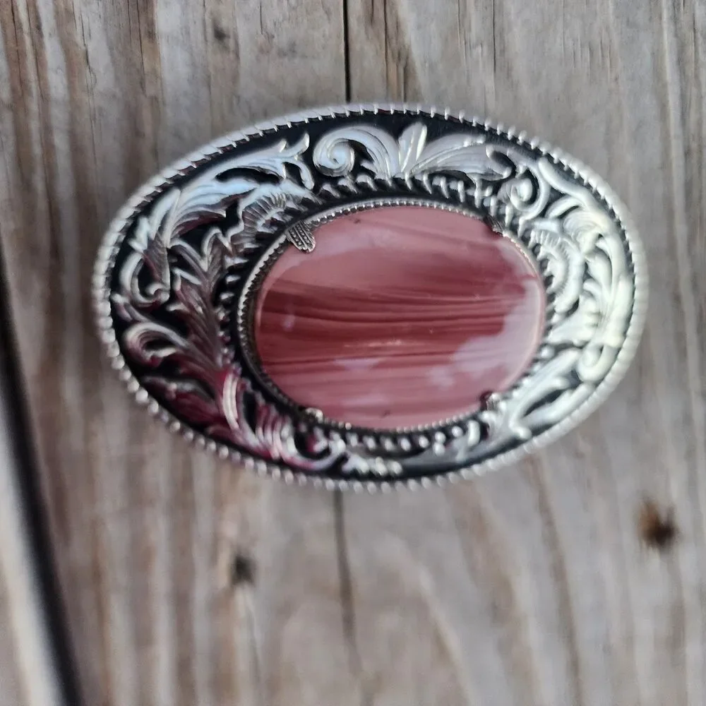 VINTAGE Rare Western Tooled Silver Belt Buckle with Pink Fiesta Agate GemStone